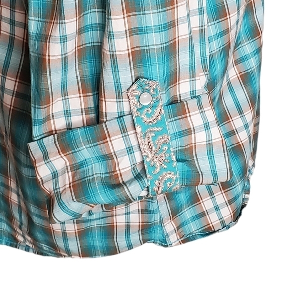Panhandle Rough Stock Women's Turquoise Western Shirt, Snap Plaid Shirt Sz XL - Picture 9 of 14